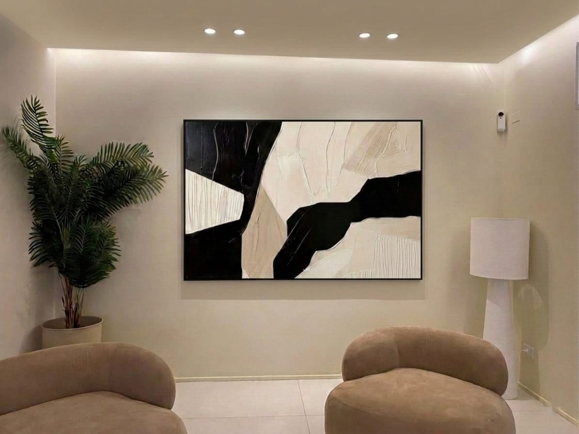 Rendering salotto moderno con dipinto astratto bianco e nero